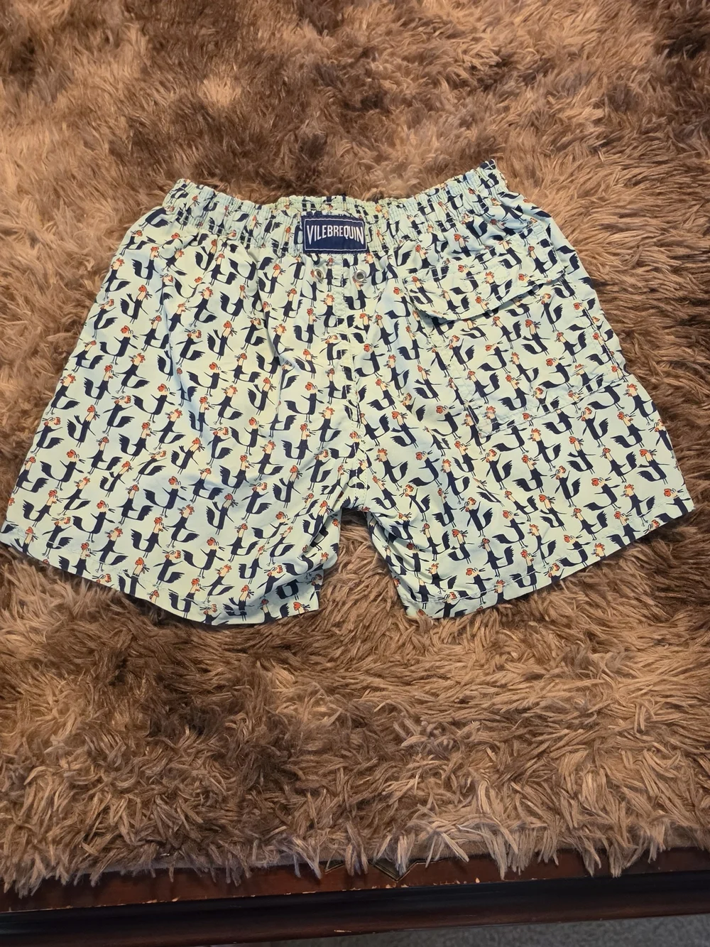 Vilebrequin Light Green Swim Trunks with Navy Penguin Print Retail $130